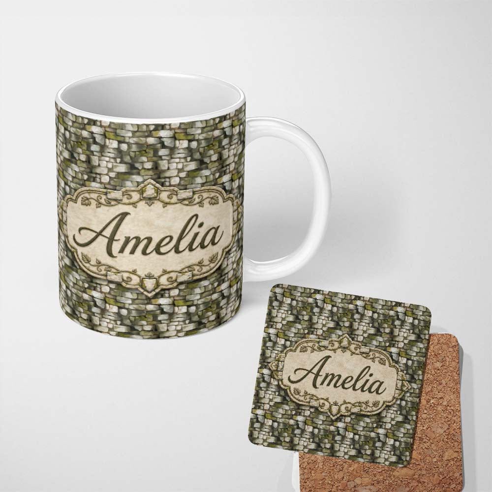 Personalized Custom Name Mossy Stone Wall Seamless Pattern Rustic Natural Rock Texture Name 11oz Ceramic Coffee Tea Mug White Large Handle