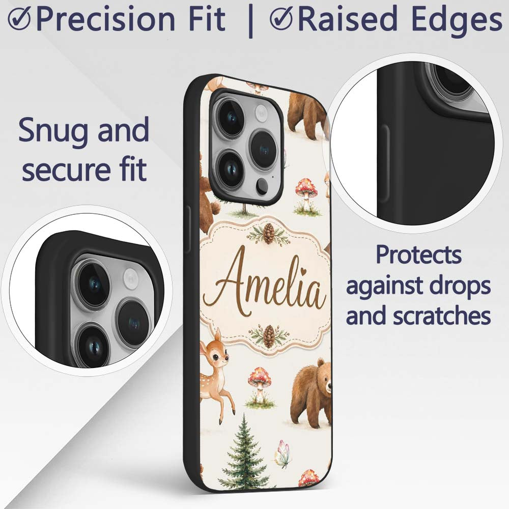 Cute Woodland Forest Animals Bear Bunny Deer on Custom Name Protective Phone Case Mobile Cover Durable Everyday Smartphone Shock Resistant
