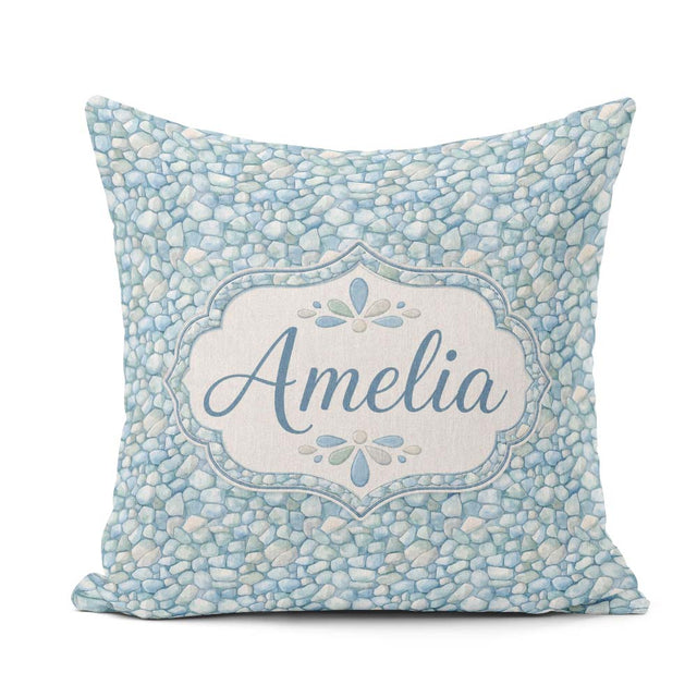 Custom Name Light Blue Pebble Seamless Pattern Soft Coastal Rock Square Filled Cushion Throw Pillow Sofa Bed Home Decor Zip Washable UK Made