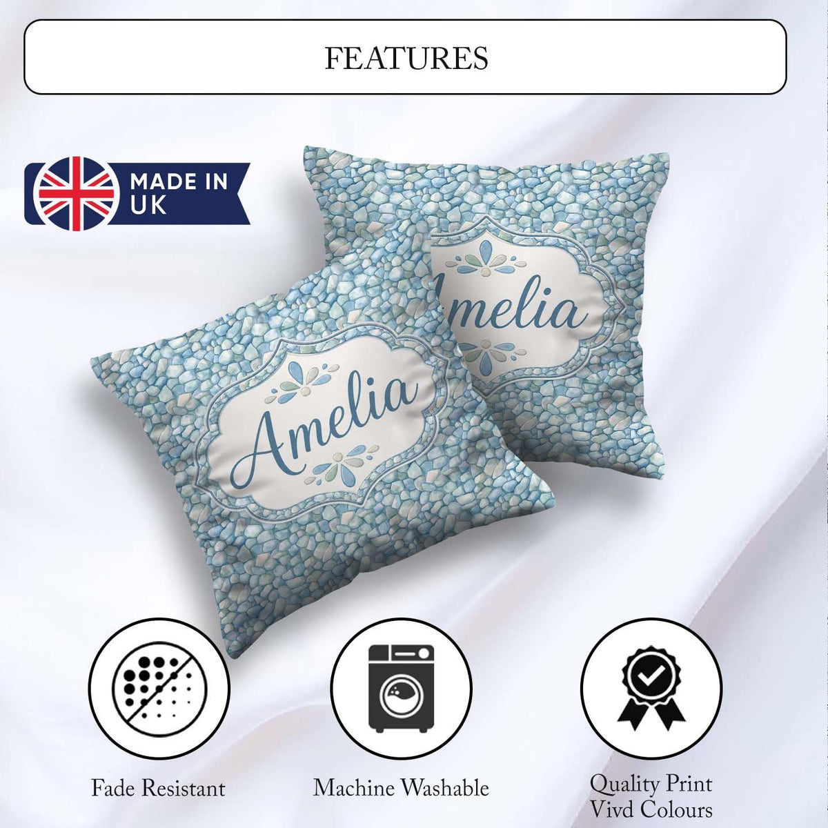 Custom Name Light Blue Pebble Seamless Pattern Soft Coastal Rock Square Filled Cushion Throw Pillow Sofa Bed Home Decor Zip Washable UK Made