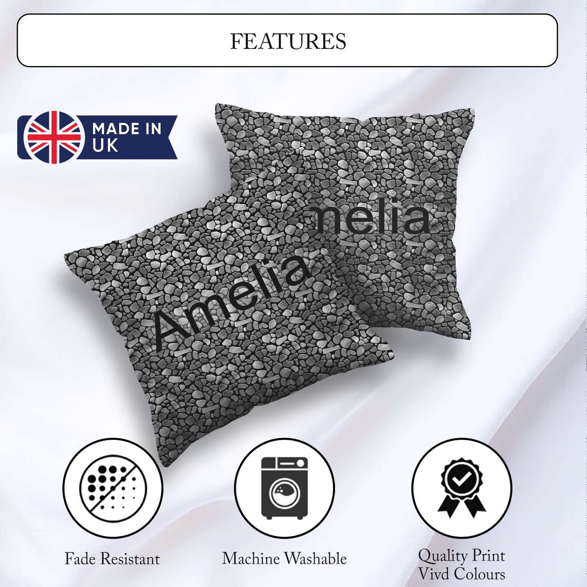 Custom Name Black Grey Pebble Stone Seamless Pattern Modern Rock Square Filled Cushion Throw Pillow Sofa Bed Home Decor Zip Washable UK Made