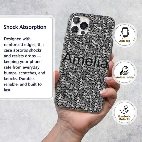 Black and Grey Pebble Stone Seamless Pattern Custom Name Protective Phone Case Mobile Cover Durable Everyday Smartphone Shock Resistant