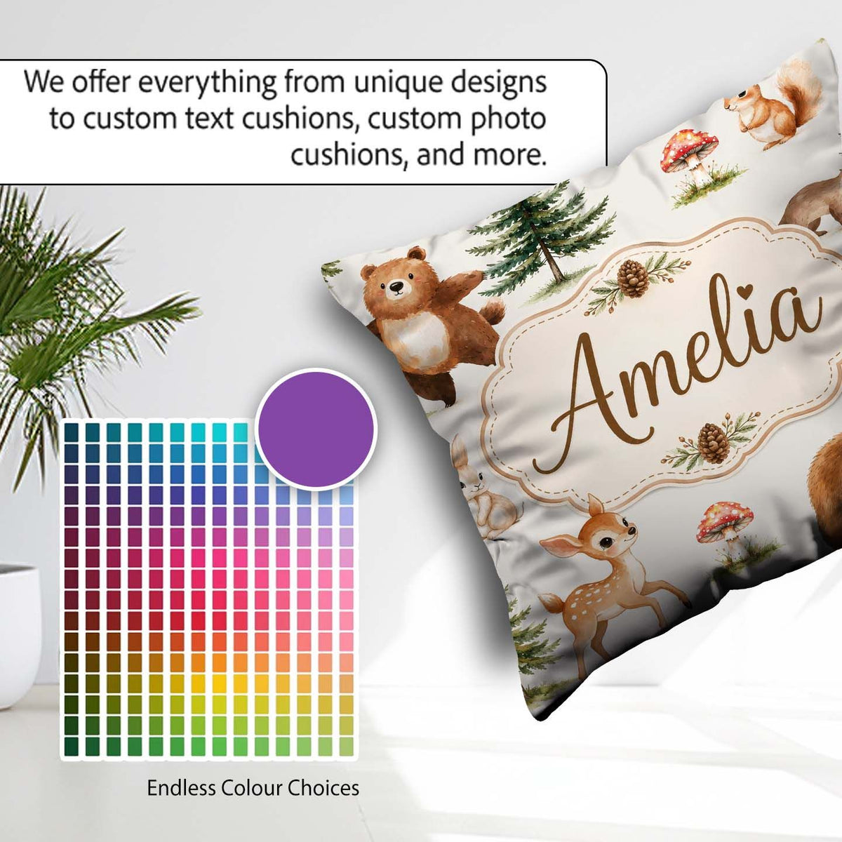 Custom Name Cute Woodland Forest Animals Bear Bunny Deer on Soft Square Filled Cushion Throw Pillow Sofa Bed Home Decor Zip Washable UK Made