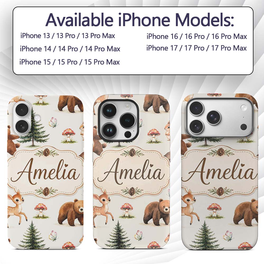 Cute Woodland Forest Animals Bear Bunny Deer on Custom Name Protective Phone Case Mobile Cover Durable Everyday Smartphone Shock Resistant