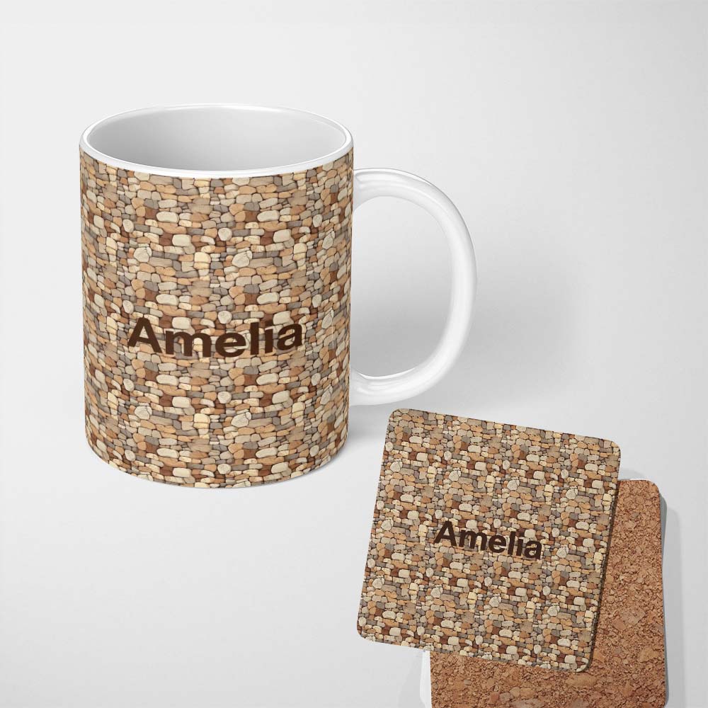 Personalized Custom Name Warm Beige Stone Wall Seamless Pattern Rustic Natural Rock Texture 11oz Ceramic Coffee Tea Mug White Large Handle