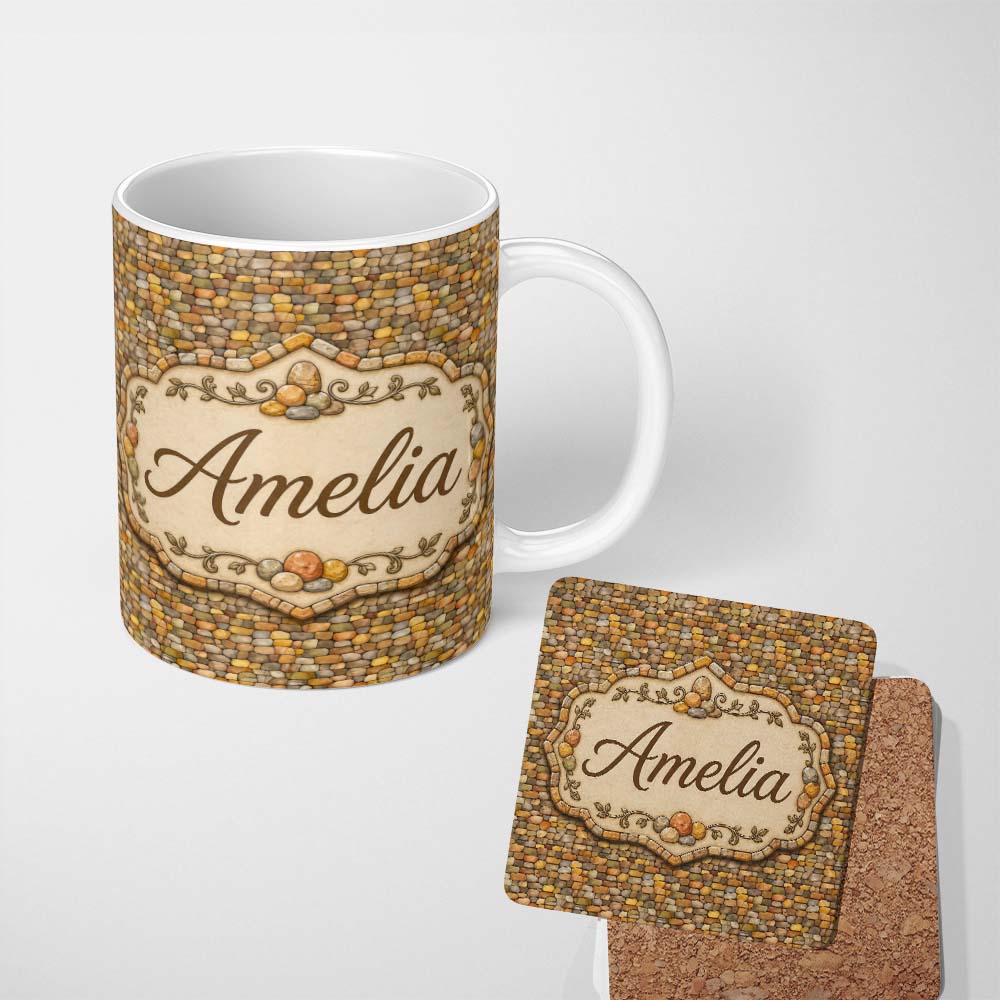 Personalized Custom Name Golden Brown Pebble Stone Seamless Pattern Earth Tone Rock Texture 11oz Ceramic Coffee Tea Mug White Large Handle
