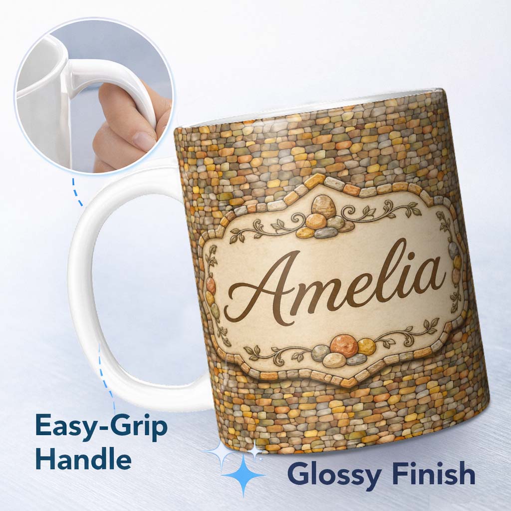Personalized Custom Name Golden Brown Pebble Stone Seamless Pattern Earth Tone Rock Texture 11oz Ceramic Coffee Tea Mug White Large Handle