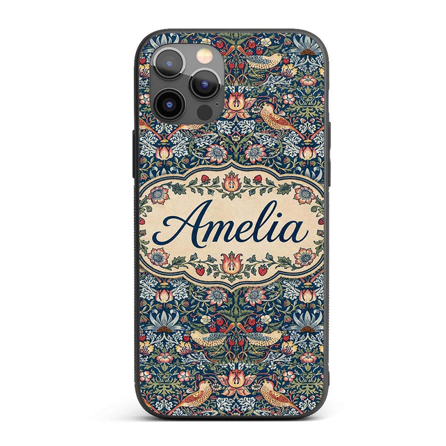 Vintage Floral Birds Strawberry Seamless Pattern Custom Name Protective Phone Case Mobile Cover Durable Everyday Smartphone Shock Resistant