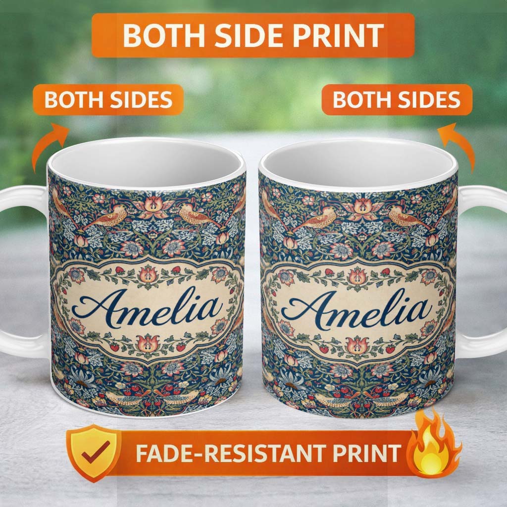 Personalized Custom Name Vintage Floral Birds Strawberry Seamless Pattern Classic Garden 11oz Ceramic Coffee Tea Mug White Large Handle