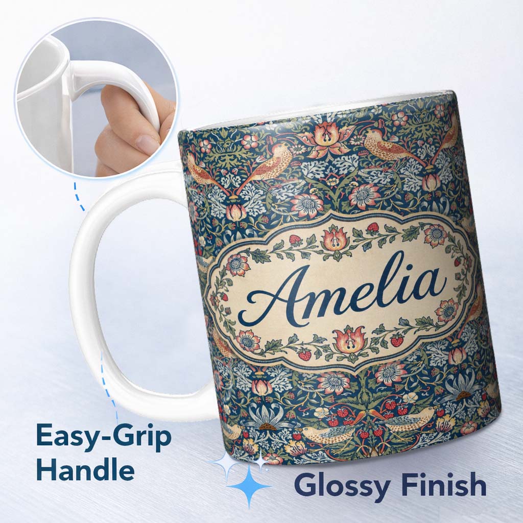 Personalized Custom Name Vintage Floral Birds Strawberry Seamless Pattern Classic Garden 11oz Ceramic Coffee Tea Mug White Large Handle