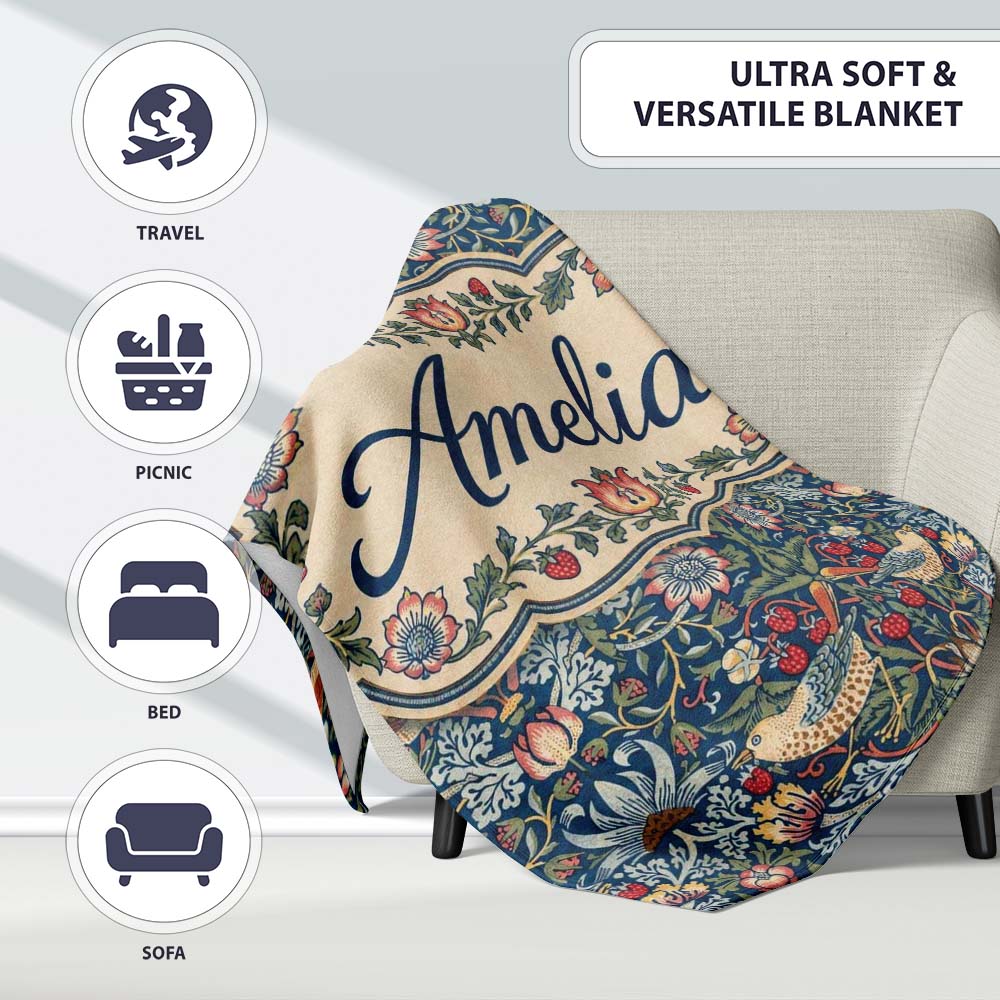 Vintage Floral Birds Strawberry Seamless Pattern Classic Garden  Personalised Custom Name Super Soft Fleece Blanket Bed Sofa Throw