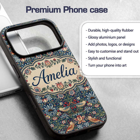 Vintage Floral Birds Strawberry Seamless Pattern Custom Name Protective Phone Case Mobile Cover Durable Everyday Smartphone Shock Resistant