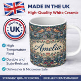 Personalized Custom Name Vintage Floral Birds Strawberry Seamless Pattern Classic Garden 11oz Ceramic Coffee Tea Mug White Large Handle