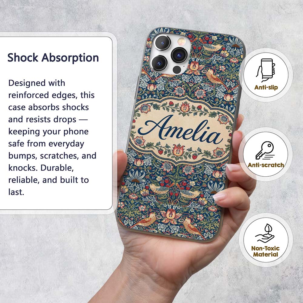Vintage Floral Birds Strawberry Seamless Pattern Custom Name Protective Phone Case Mobile Cover Durable Everyday Smartphone Shock Resistant