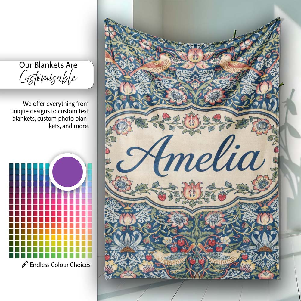 Vintage Floral Birds Strawberry Seamless Pattern Classic Garden  Personalised Custom Name Super Soft Fleece Blanket Bed Sofa Throw