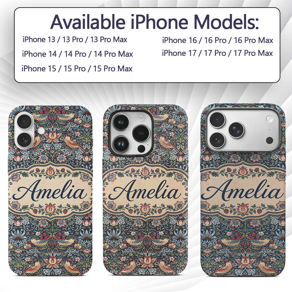 Vintage Floral Birds Strawberry Seamless Pattern Custom Name Protective Phone Case Mobile Cover Durable Everyday Smartphone Shock Resistant