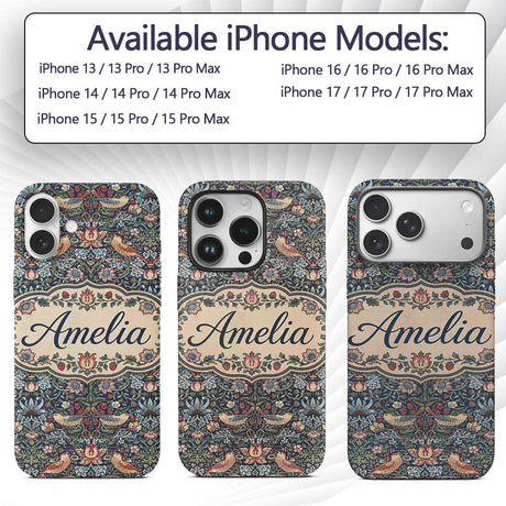 Vintage Floral Birds Strawberry Seamless Pattern Custom Name Protective Phone Case Mobile Cover Durable Everyday Smartphone Shock Resistant