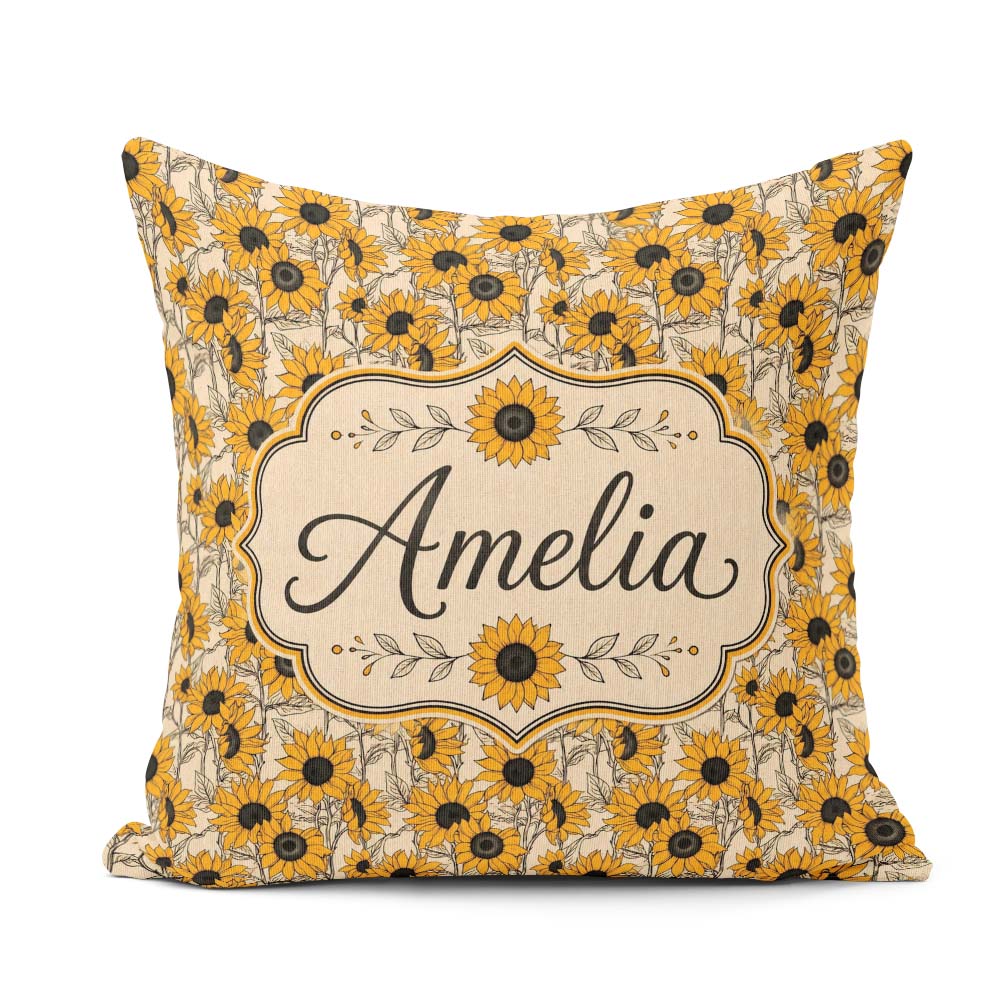 Custom Name Sunflower Floral Seamless Pattern Bold Yellow Garden Square Filled Cushion Throw Pillow Sofa Bed Home Decor Zip Washable UK Made