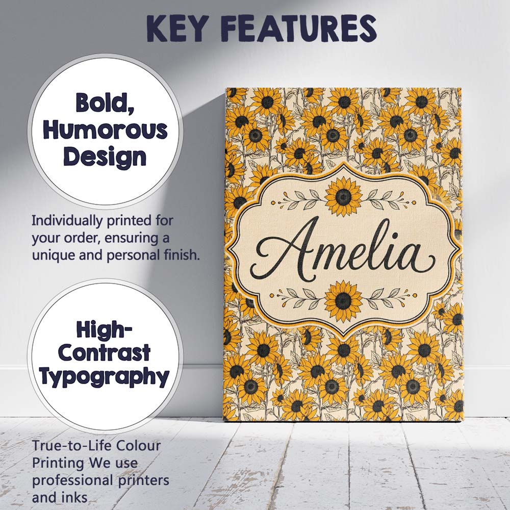 Personalised Name Sunflower Floral Seamless Custom  Bespoke Interior Contemporary Canvas Wall Art Print Decor Picture Ready to Hang