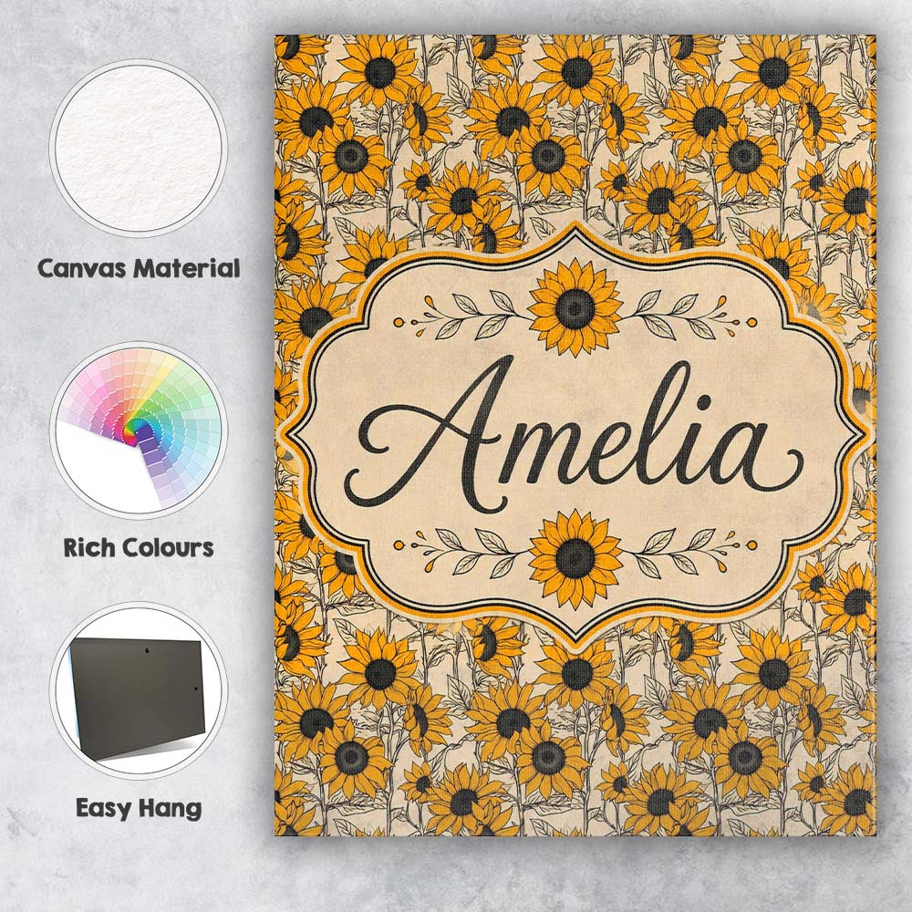 Personalised Name Sunflower Floral Seamless Custom  Bespoke Interior Contemporary Canvas Wall Art Print Decor Picture Ready to Hang