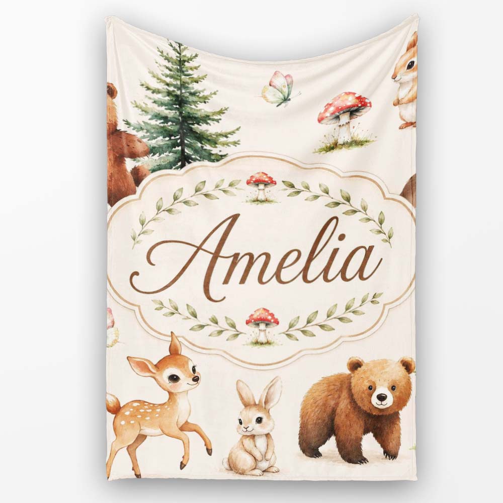 Cute Woodland Forest Animals Bear Bunny Deer on Sage Green Lovely  Personalised Custom Name Super Soft Fleece Blanket Bed Sofa Throw