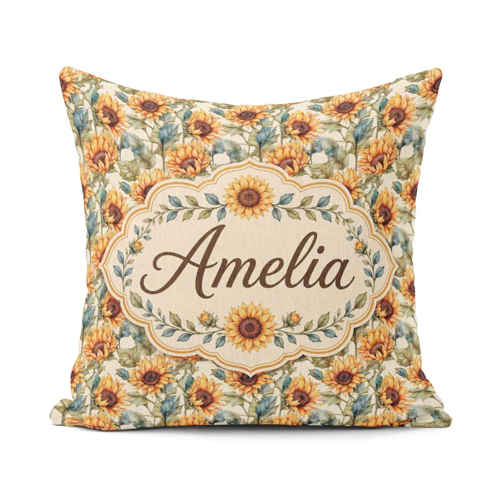 Custom Name Watercolour Sunflower Floral Seamless Soft Botanical Square Filled Cushion Throw Pillow Sofa Bed Home Decor Zip Washable UK Made