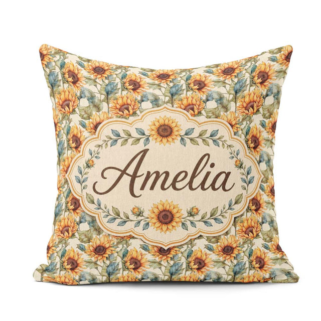 Custom Name Watercolour Sunflower Floral Seamless Soft Botanical Square Filled Cushion Throw Pillow Sofa Bed Home Decor Zip Washable UK Made