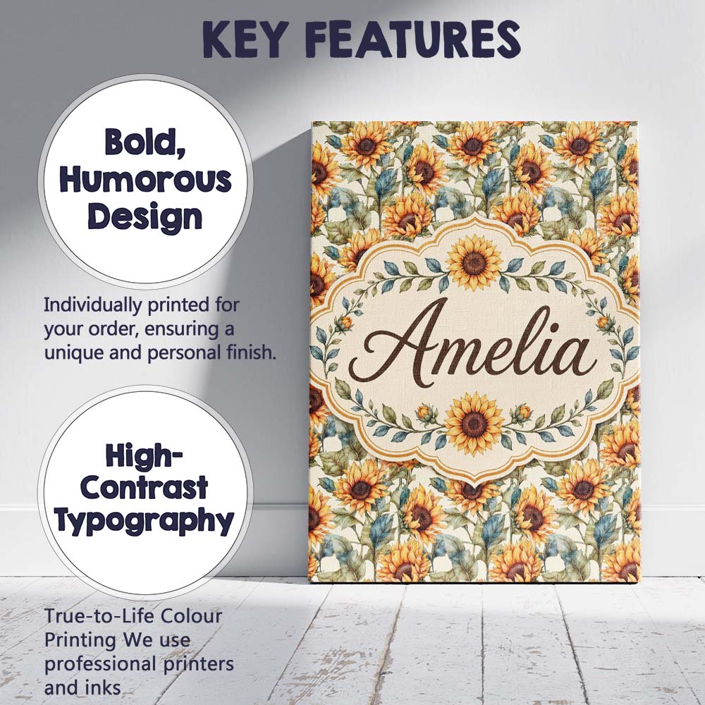 Personalised Name Watercolour Sunflower Custom  Modern Room Accent Elegant Feature Canvas Wall Art Print Decor Picture Ready to Hang