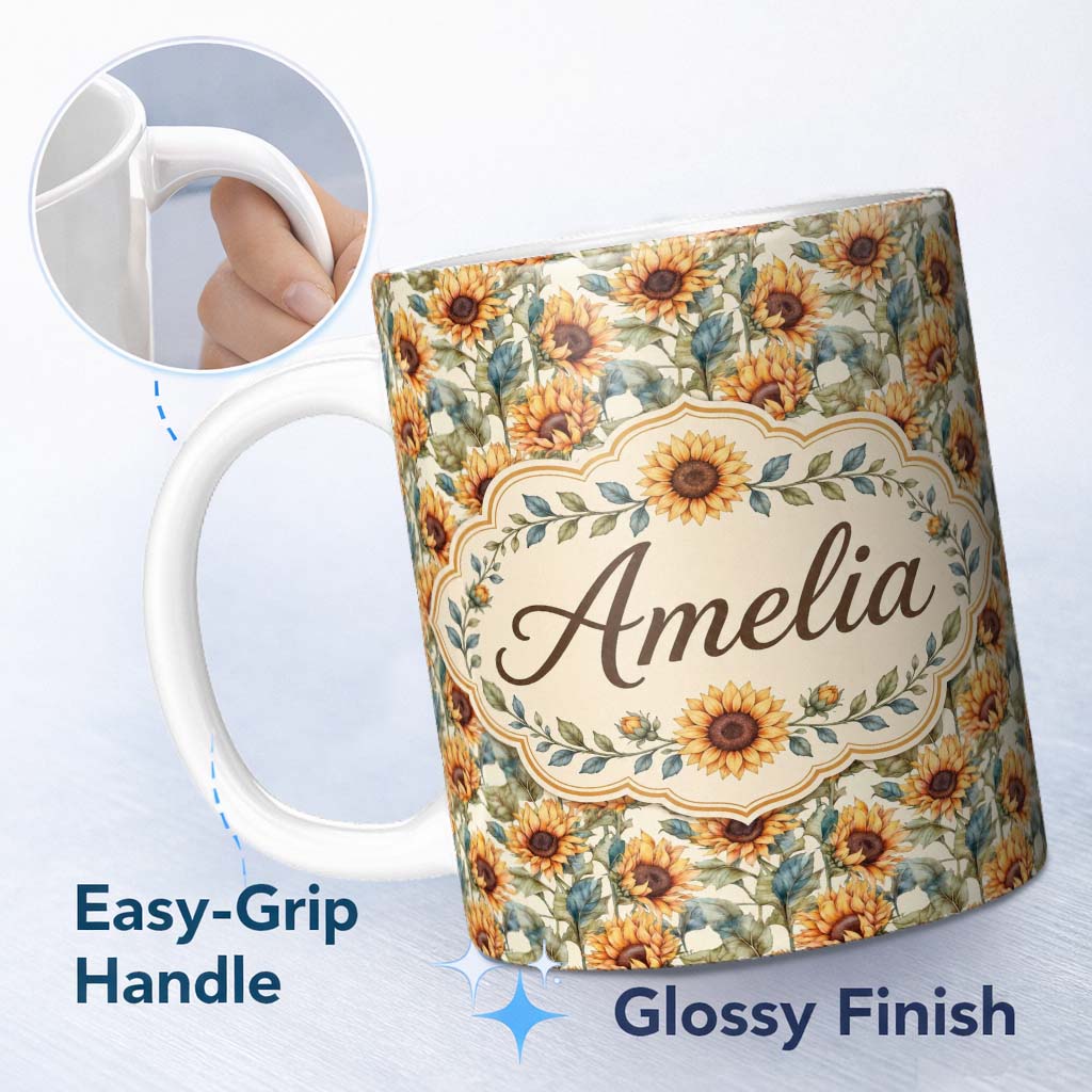 Personalized Custom Name Watercolour Sunflower Floral Seamless Pattern Soft Botanical Garden 11oz Ceramic Coffee Tea Mug White Large Handle