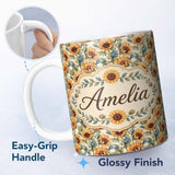 Personalized Custom Name Watercolour Sunflower Floral Seamless Pattern Soft Botanical Garden 11oz Ceramic Coffee Tea Mug White Large Handle