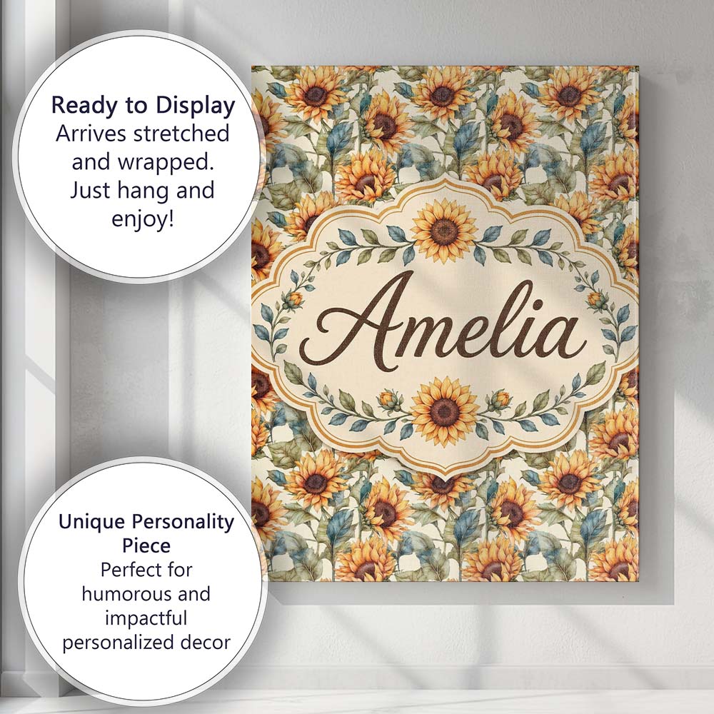 Personalised Name Watercolour Sunflower Custom  Modern Room Accent Elegant Feature Canvas Wall Art Print Decor Picture Ready to Hang