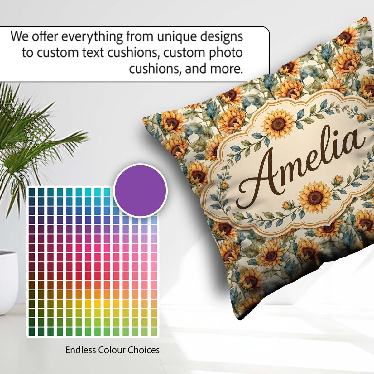Custom Name Watercolour Sunflower Floral Seamless Soft Botanical Square Filled Cushion Throw Pillow Sofa Bed Home Decor Zip Washable UK Made