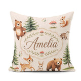 Custom Name Cute Woodland Forest Animals Bear Bunny Deer on Sage Square Filled Cushion Throw Pillow Sofa Bed Home Decor Zip Washable UK Made