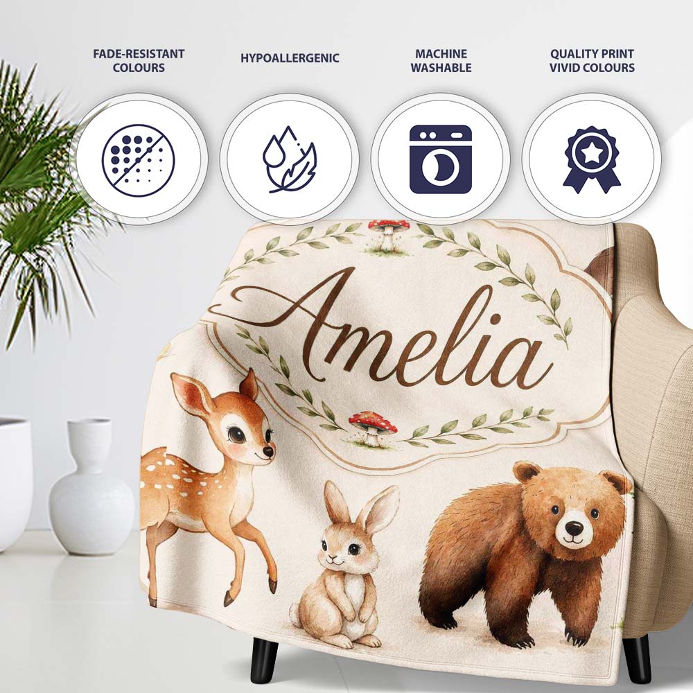 Cute Woodland Forest Animals Bear Bunny Deer on Sage Green Lovely  Personalised Custom Name Super Soft Fleece Blanket Bed Sofa Throw