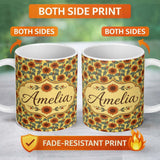 Personalized Custom Name Retro Orange Sunflower Floral Seamless Pattern Vintage Botanical 11oz Ceramic Coffee Tea Mug White Large Handle