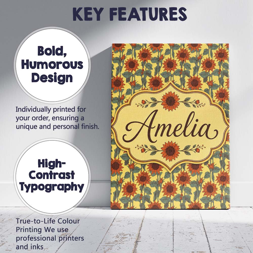 Personalised Name Retro Orange Sunflower Custom  Unique Gift Idea Elegant Feature Canvas Wall Art Print Decor Picture Ready to Hang