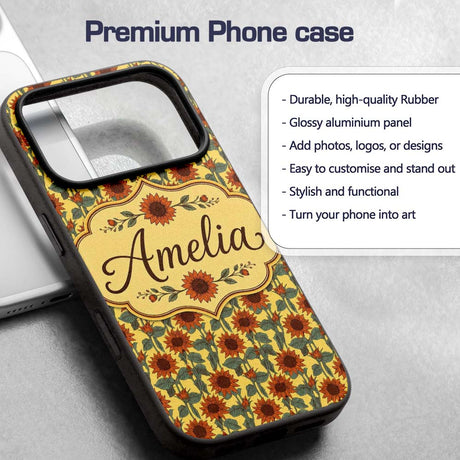 Retro Orange Sunflower Floral Seamless Pattern Custom Name Protective Phone Case Mobile Cover Durable Everyday Smartphone Shock Resistant