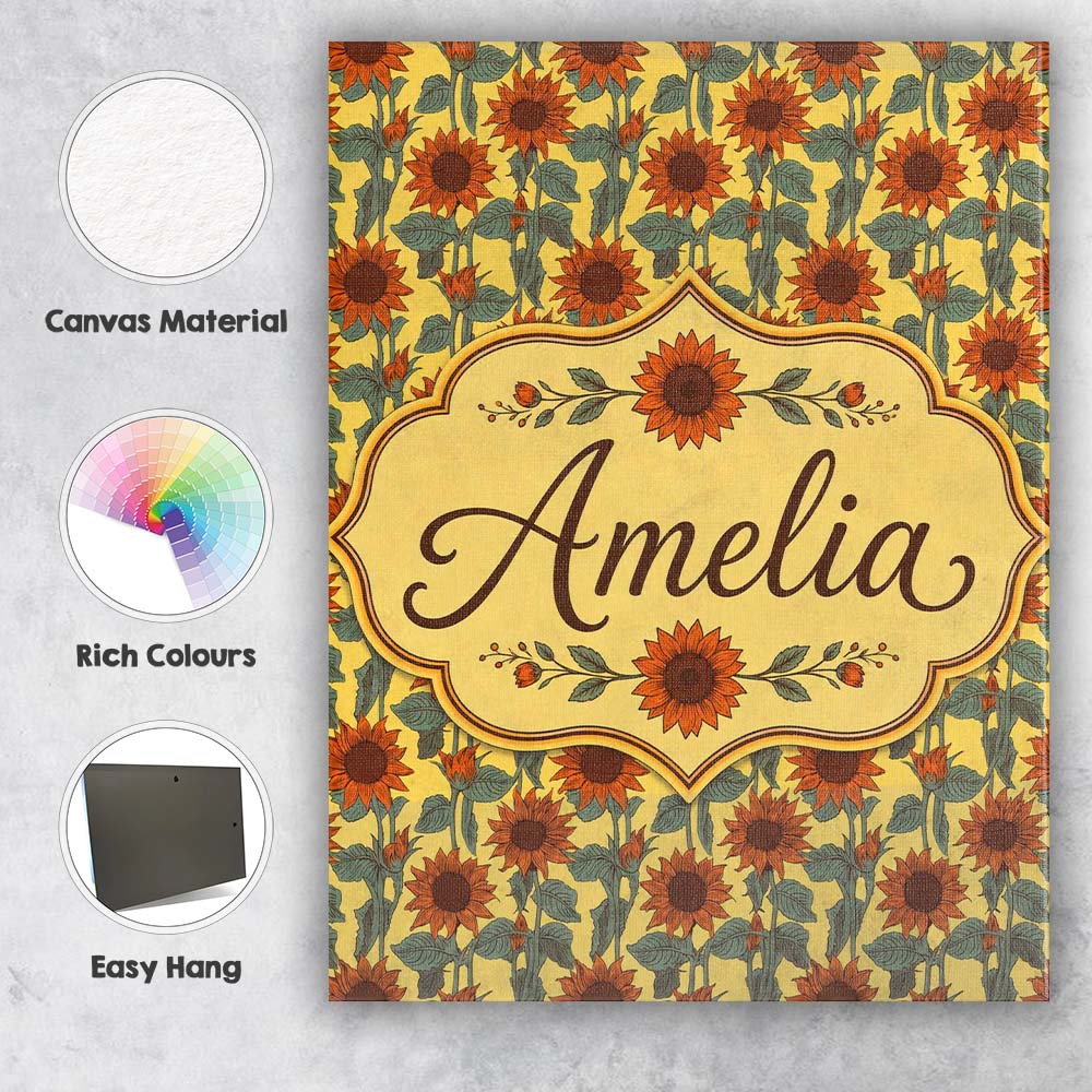 Personalised Name Retro Orange Sunflower Custom  Unique Gift Idea Elegant Feature Canvas Wall Art Print Decor Picture Ready to Hang