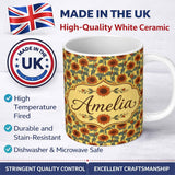 Personalized Custom Name Retro Orange Sunflower Floral Seamless Pattern Vintage Botanical 11oz Ceramic Coffee Tea Mug White Large Handle