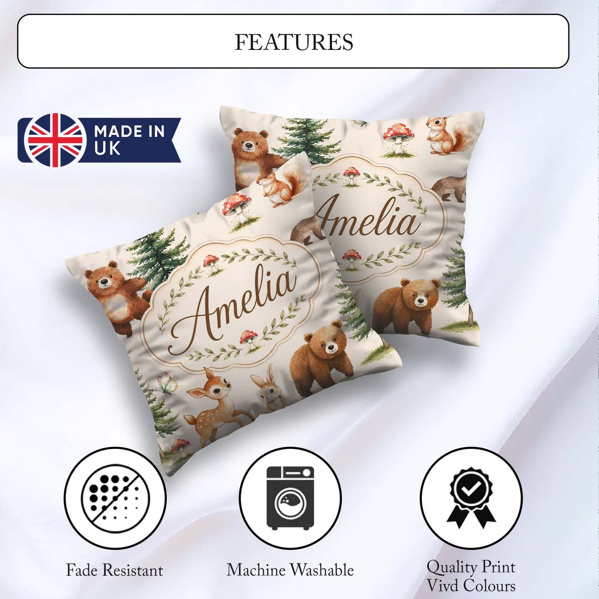 Custom Name Cute Woodland Forest Animals Bear Bunny Deer on Sage Square Filled Cushion Throw Pillow Sofa Bed Home Decor Zip Washable UK Made