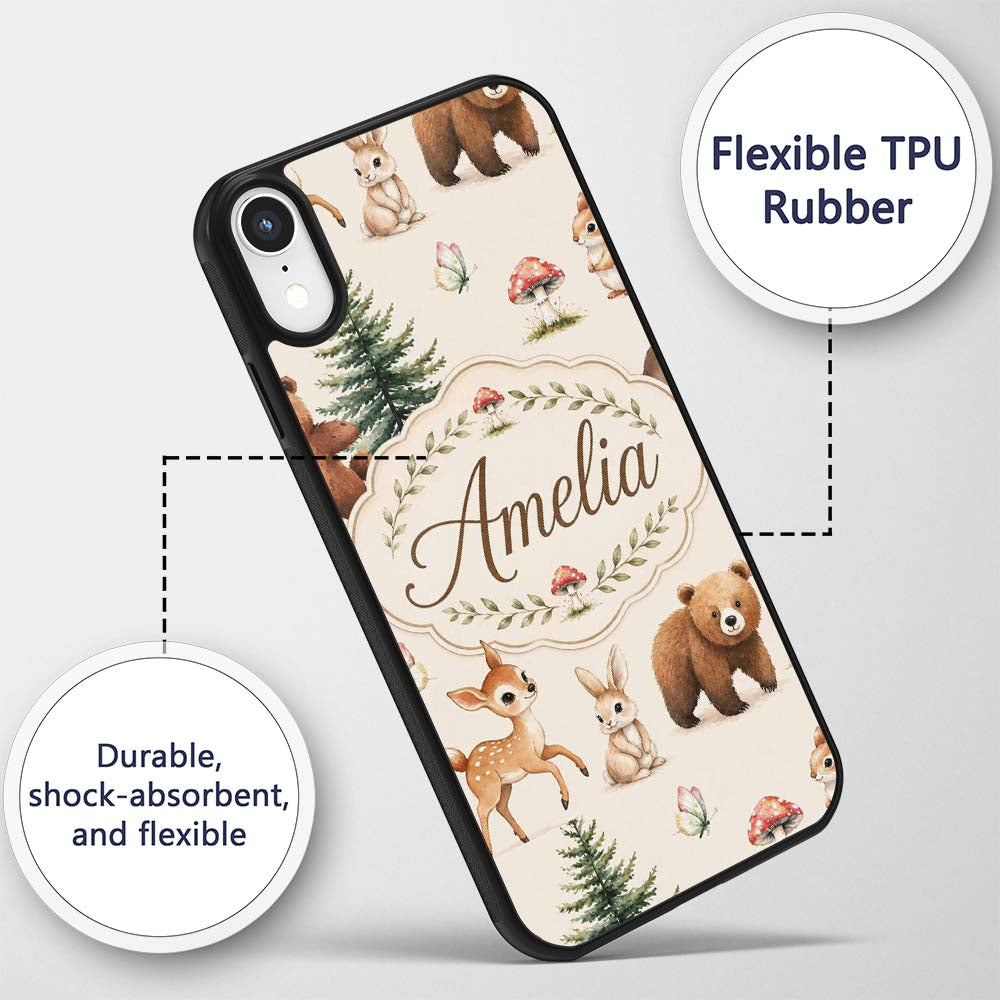 Cute Woodland Forest Animals Bear Bunny Deer on Custom Name Protective Phone Case Mobile Cover Durable Everyday Smartphone Shock Resistant