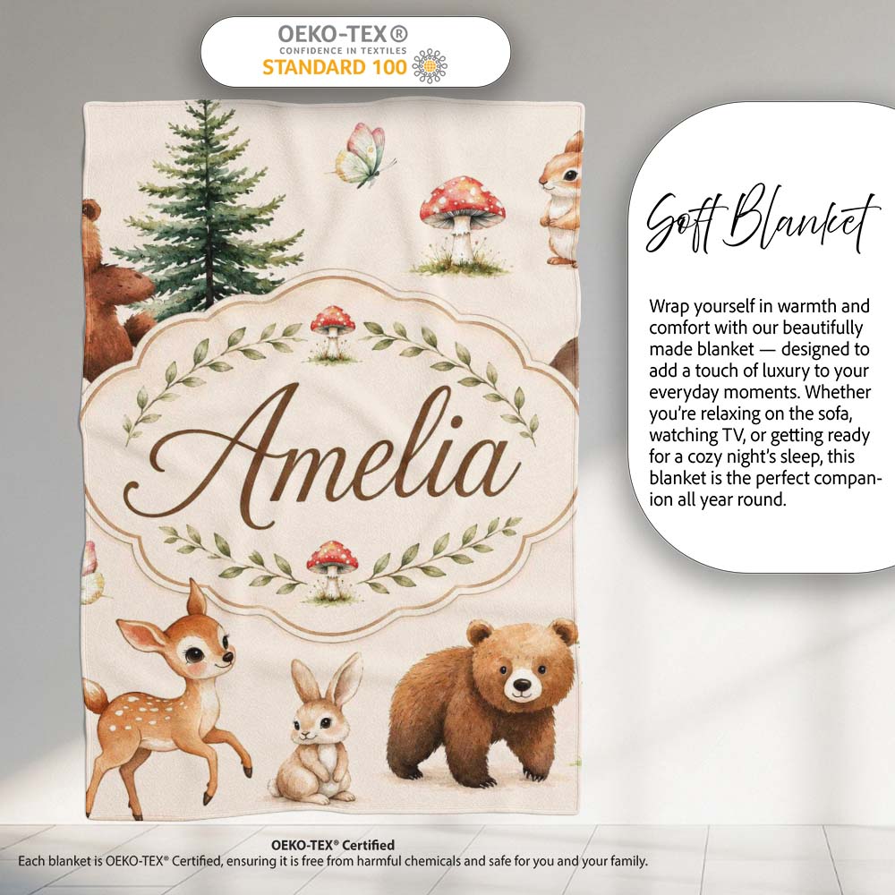 Cute Woodland Forest Animals Bear Bunny Deer on Sage Green Lovely  Personalised Custom Name Super Soft Fleece Blanket Bed Sofa Throw