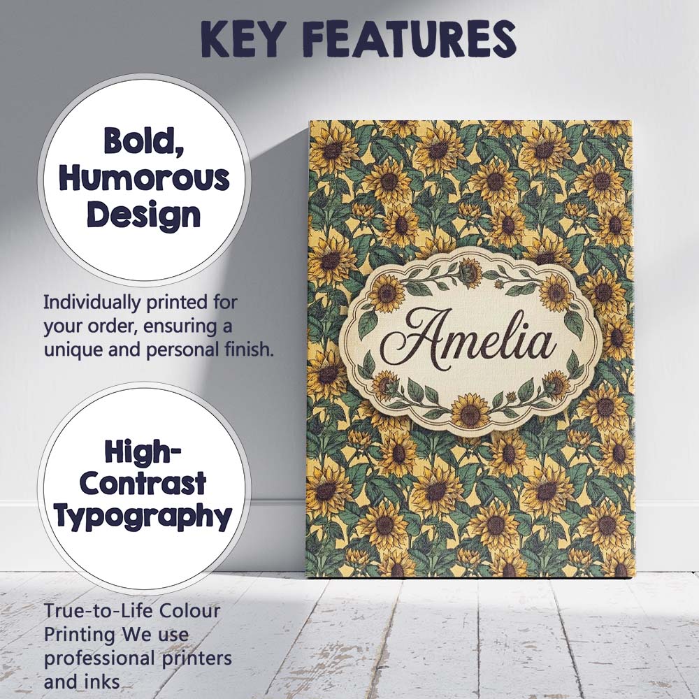 Personalised Name Yellow Sunflower Floral Custom  Unique Gift Idea Elegant Feature Canvas Wall Art Print Decor Picture Ready to Hang