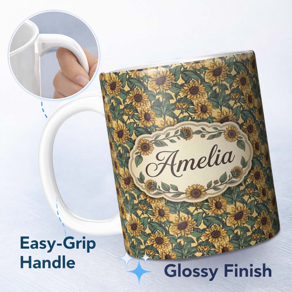 Personalized Custom Name Yellow Sunflower Floral Seamless Pattern Classic Botanical Garden 11oz Ceramic Coffee Tea Mug White Large Handle