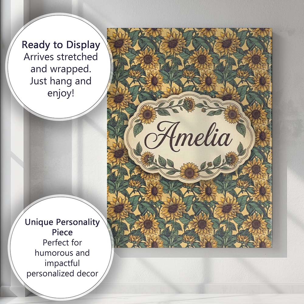 Personalised Name Yellow Sunflower Floral Custom  Unique Gift Idea Elegant Feature Canvas Wall Art Print Decor Picture Ready to Hang