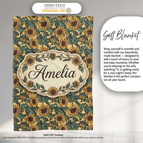 Yellow Sunflower Floral Seamless Pattern Classic Botanical Garden  Personalised Custom Name Super Soft Fleece Blanket Bed Sofa Throw