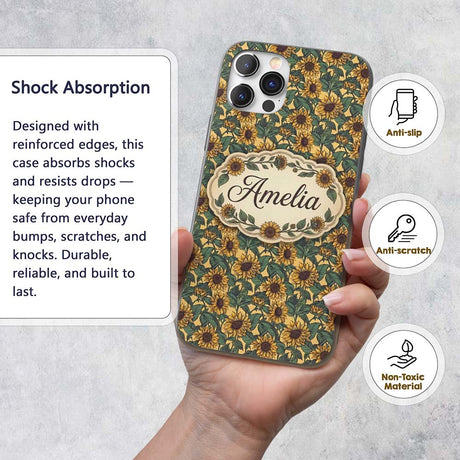 Yellow Sunflower Floral Seamless Pattern Classic Custom Name Protective Phone Case Mobile Cover Durable Everyday Smartphone Shock Resistant