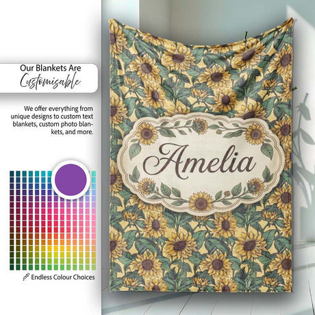 Yellow Sunflower Floral Seamless Pattern Classic Botanical Garden  Personalised Custom Name Super Soft Fleece Blanket Bed Sofa Throw