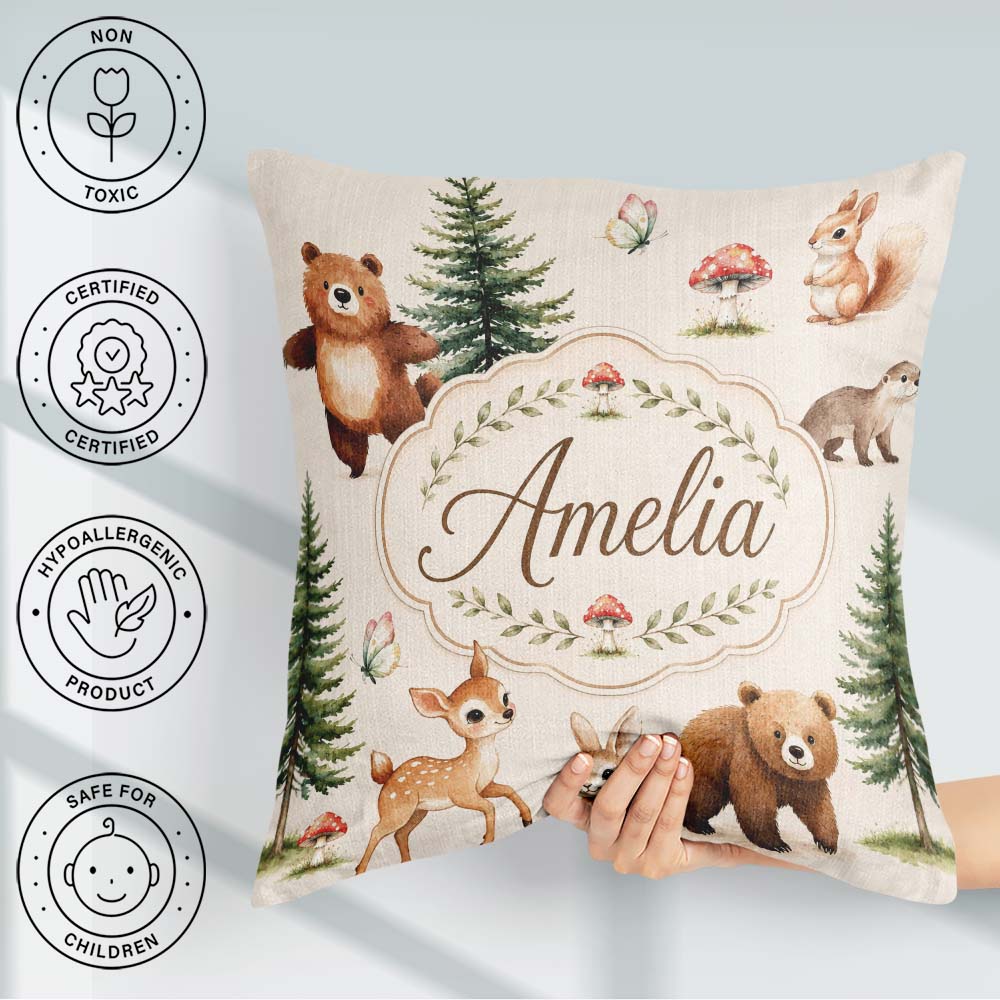 Custom Name Cute Woodland Forest Animals Bear Bunny Deer on Sage Square Filled Cushion Throw Pillow Sofa Bed Home Decor Zip Washable UK Made