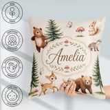 Custom Name Cute Woodland Forest Animals Bear Bunny Deer on Sage Square Filled Cushion Throw Pillow Sofa Bed Home Decor Zip Washable UK Made